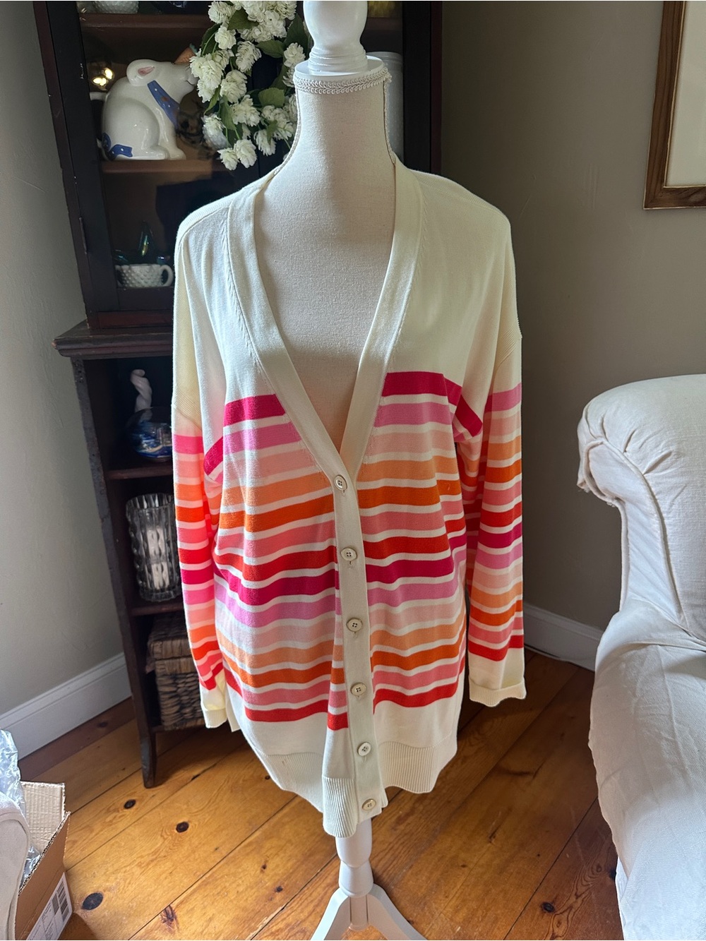 Talbots Cream Cardigan with Pink & Orange Stripes - Women's Sweater x